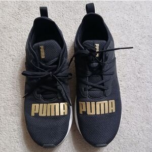 PUMA Black Sneakers with Gold Highlights, Size 9